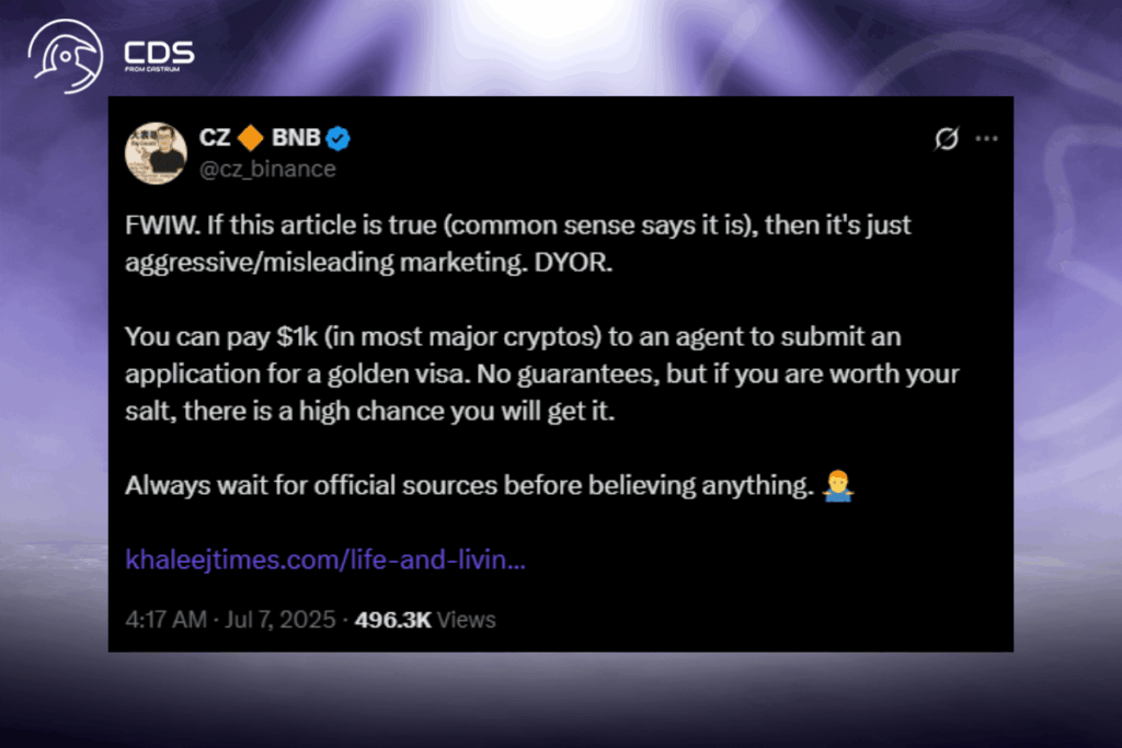 CZ Halkı Uyardı: “Kripto Dolandırıcılığına Kanmayın” 2 Kripto Dolandırıcılıkları ve Golden Visa: CZ Kaynak Doğrulamanın Önemine Dikkat Çekti