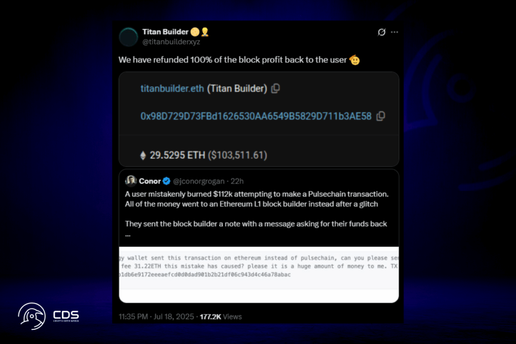 Pahalı Hata: Çaresiz DeFi Traderı, Ücretleri Yanlış Zincirine Gönderdi 6 Pahalı Hata: Çaresiz DeFi Traderı, Ücretleri Yanlış Zincirine Gönderdi - TitanBuilder 103.500 Dolarlik ETH Iadesi Yapti