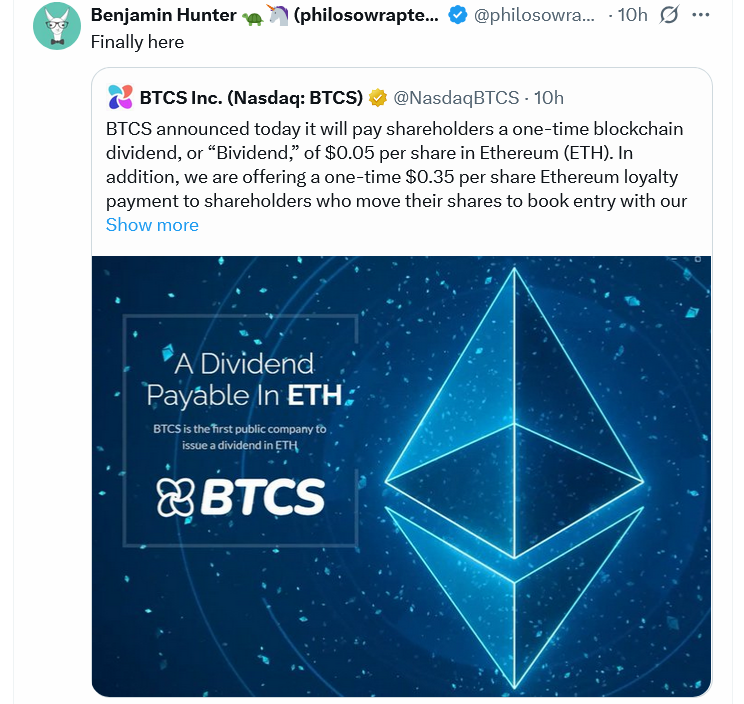 Kripto Tarihinde İlk! BTCS Ethereum Temettü Veriyor, Hisseler Uçtu
