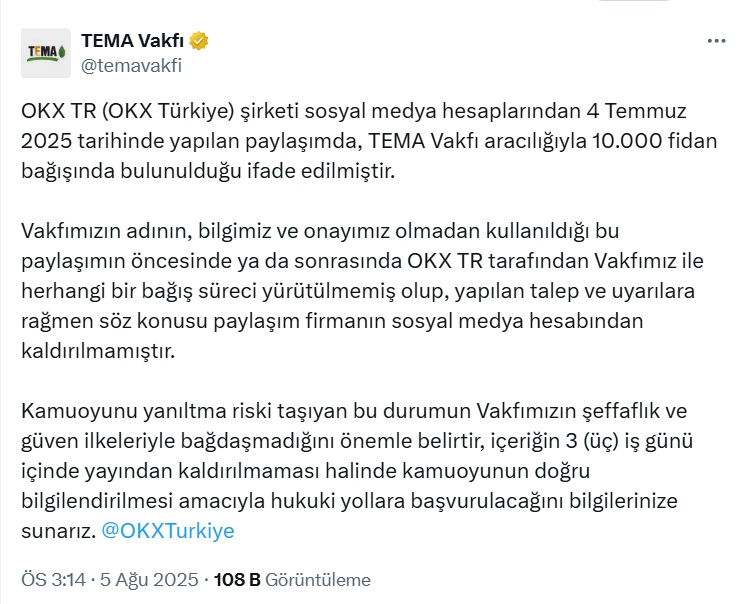 OKX TR ile TEMA Vakfı Karşı Karşıya: "Üç İş Günü Süre" 5 OKX TR ile TEMA Vakfı Karşı Karşıya: "Üç İş Günü Süre" - OKX TR TEMA Vakfi