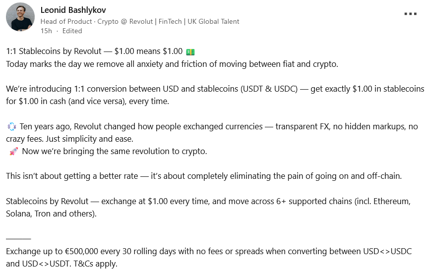 Revolut’tan Kripto ve Fiatta Devrim: USD-Stablecoin Dönüşümü Artık 1:1